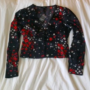 Black Floral Print Long Sleeve Top